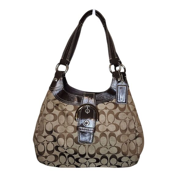 Vintage COACH SOHO SIGNATURE HOBO F17094 Khaki Mahogany Patent Leather Bag RARE - Picture 1 of 13